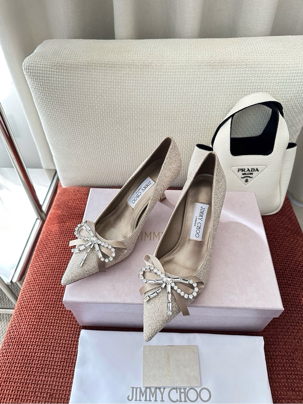 Jimmy Choo Champagne Glitter Pointed-Toe Pumps with Crystal Bow - Picture 2 of 8